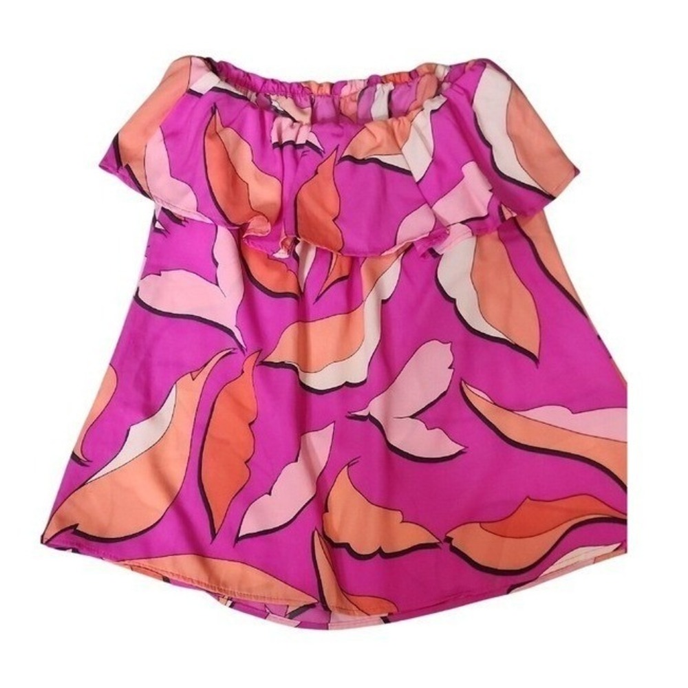 Tyche Pink Orange Strapless Tropical Print Top Ruffle Boho Resort Vacation USA S